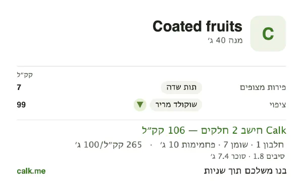 נתוני Calk לפירות מצופים, בגרסה עם פחות קלוריות: 265 קק״ל ל-100 גרם, חלבון/שומן/פחמימות 5/57/38