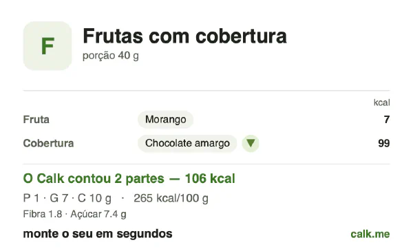 Cartão do Calk para a versão menos calórica de Frutas cobertas de chocolate: 265 kcal por 100 g, proteína/gordura/carboidratos 5/57/38
