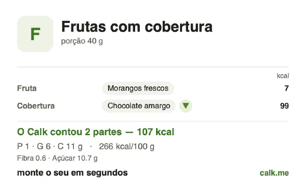 Cartão do Calk para a versão menos calórica de Frutas cobertas de chocolate: 266 kcal por 100 g, proteína/gordura/carboidratos 4/52/43