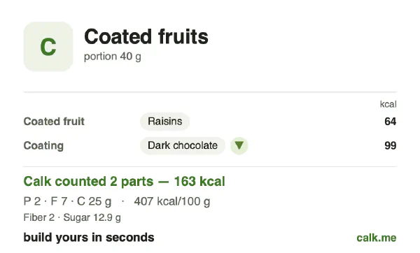 Higher calorie Calk card for Chocolate-covered fruit: 407 kcal per 100 g, protein/fat/carbs 4/37/59