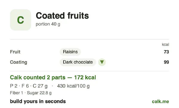 Higher calorie Calk card for Chocolate-covered fruit: 430 kcal per 100 g, protein/fat/carbs 4/33/63
