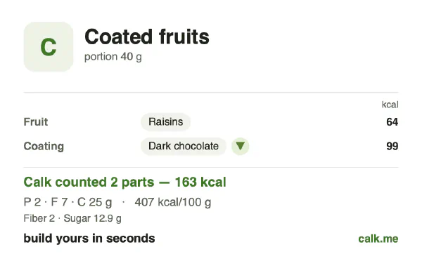 Higher calorie Calk card for Chocolate-covered fruit: 407 kcal per 100 g, protein/fat/carbs 4/37/59