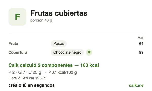 Tarjeta de Calk, versión más calórica de Frutas cubiertas: 407 kcal por 100 g, proteínas/grasas/carbohidratos 4/37/59