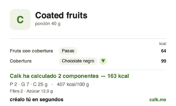 Ficha de Calk, versión más calórica de Frutas cubiertas: 407 kcal por 100 g, proteínas/grasas/hidratos 4/37/59
