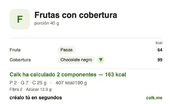Ficha de Calk, versión más calórica de Frutas cubiertas: 407 kcal por 100 g, proteínas/grasas/hidratos 4/37/59