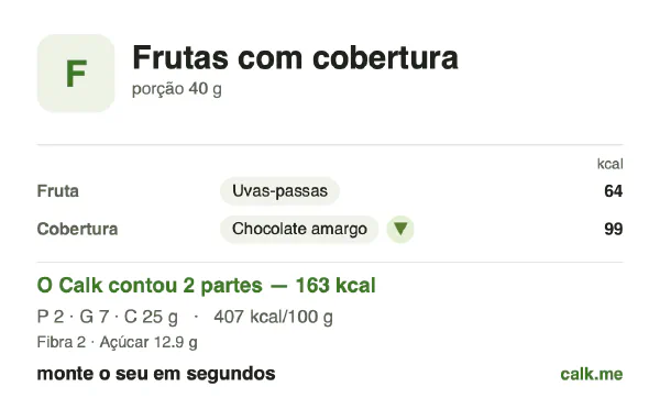 Cartão do Calk para a versão mais calórica de Frutas cobertas de chocolate: 407 kcal por 100 g, proteína/gordura/carboidratos 4/37/59
