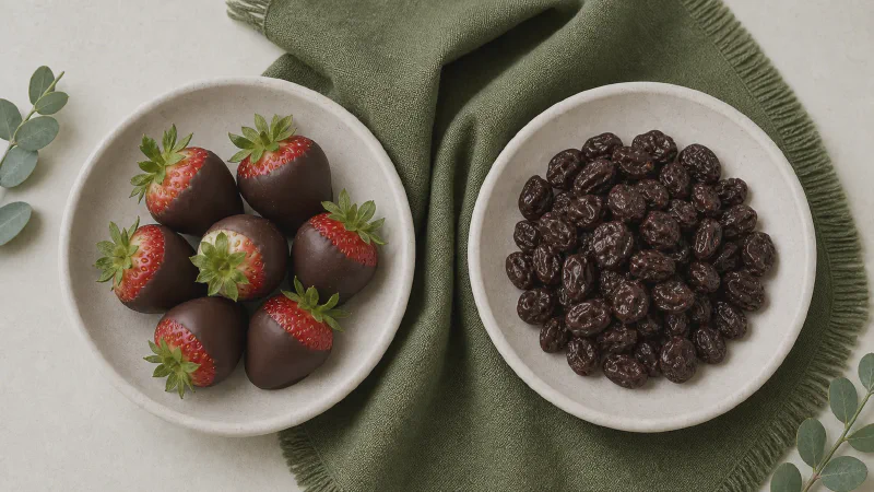 Chocolate-coated fruit: lower- and higher-calorie Calk versions side by side