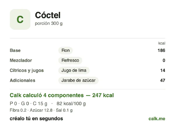 Tarjeta de Calk, versión menos calórica de Cóctel: 78 kcal por 100 g, proteínas/grasas/carbohidratos 2/1/96