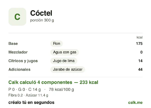 Tarjeta de Calk, versión menos calórica de Cóctel: 78 kcal por 100 g, proteínas/grasas/carbohidratos 1/2/97