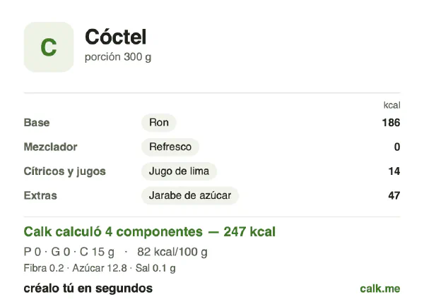 Tarjeta de Calk, versión menos calórica de Cóctel: 82 kcal por 100 g, proteínas/grasas/carbohidratos 2/1/96