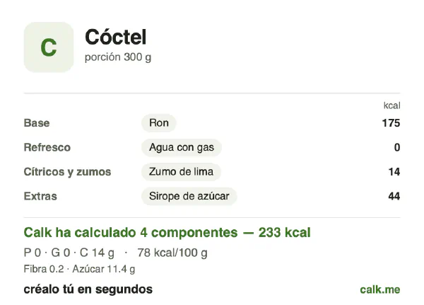 Ficha de Calk, versión menos calórica de Cóctel: 78 kcal por 100 g, proteínas/grasas/hidratos 1/2/97
