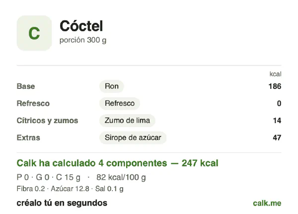 Ficha de Calk, versión menos calórica de Cóctel: 82 kcal por 100 g, proteínas/grasas/hidratos 2/1/96