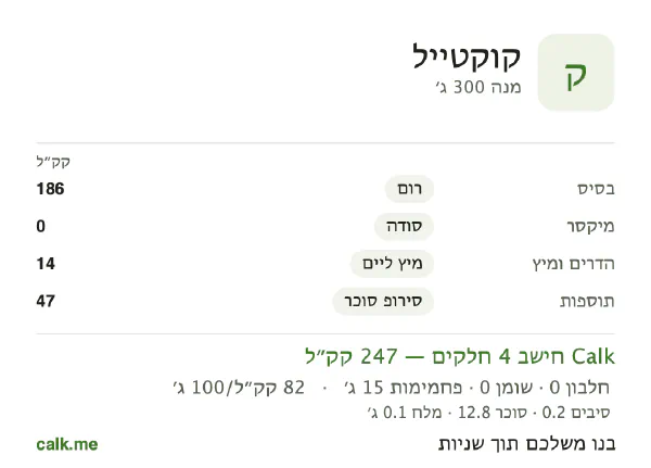 נתוני Calk לקוקטייל, בגרסה עם פחות קלוריות: 82 קק״ל ל-100 גרם, חלבון/שומן/פחמימות 2/1/96