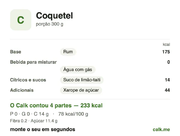 Cartão do Calk para a versão menos calórica de Coquetel: 78 kcal por 100 g, proteína/gordura/carboidratos 1/2/97