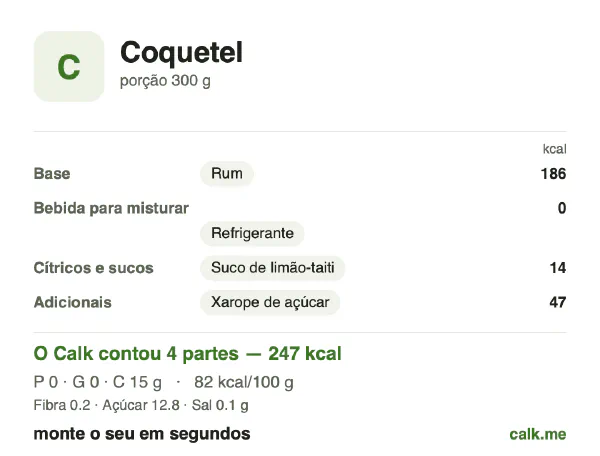 Cartão do Calk para a versão menos calórica de Coquetel: 78 kcal por 100 g, proteína/gordura/carboidratos 2/1/96