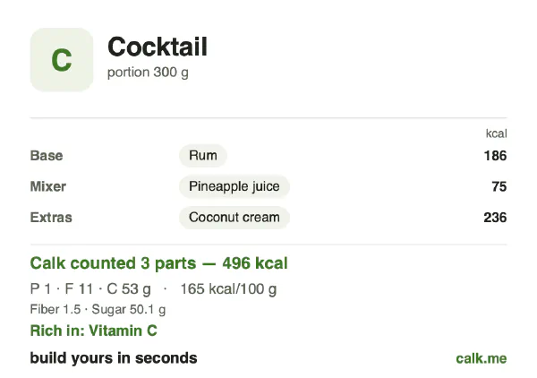 Higher calorie Calk card for Cocktail: 165 kcal per 100 g, protein/fat/carbs 2/31/67