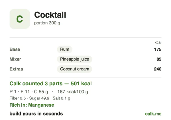 Higher calorie Calk card for Cocktail: 167 kcal per 100 g, protein/fat/carbs 2/30/68