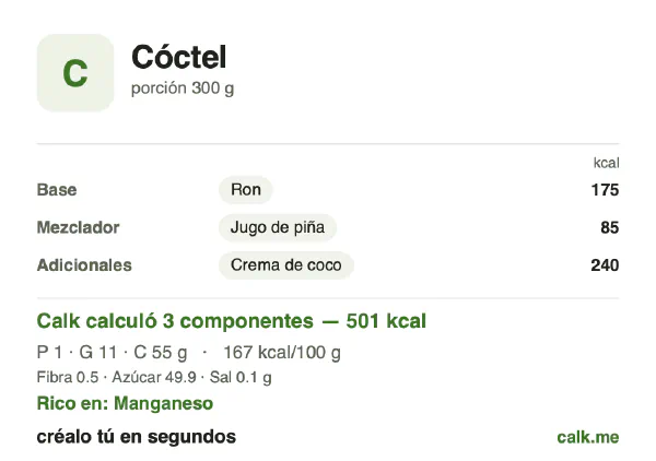 Tarjeta de Calk, versión más calórica de Cóctel: 167 kcal por 100 g, proteínas/grasas/carbohidratos 2/30/68