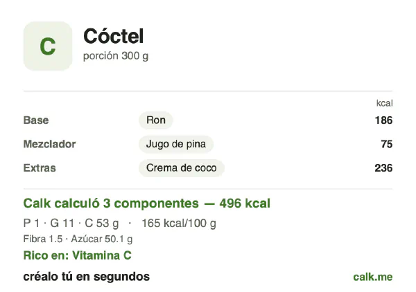 Tarjeta de Calk, versión más calórica de Cóctel: 165 kcal por 100 g, proteínas/grasas/carbohidratos 2/31/67