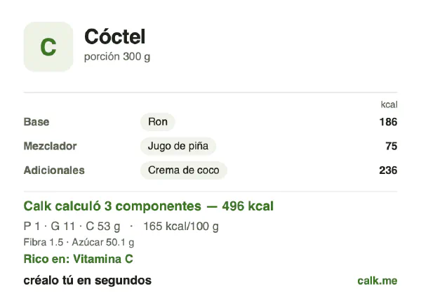 Tarjeta de Calk, versión más calórica de Cóctel: 161 kcal por 100 g, proteínas/grasas/carbohidratos 2/31/67