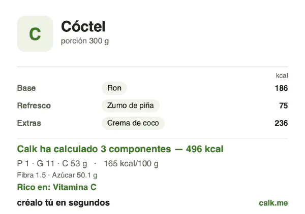Ficha de Calk, versión más calórica de Cóctel: 161 kcal por 100 g, proteínas/grasas/hidratos 2/31/67