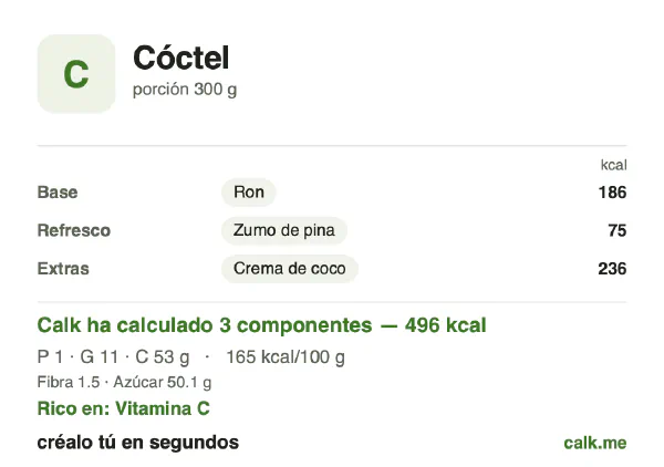 Ficha de Calk, versión más calórica de Cóctel: 165 kcal por 100 g, proteínas/grasas/hidratos 2/31/67
