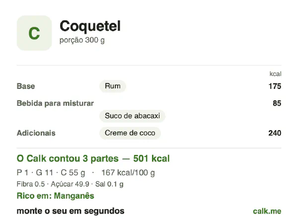 Cartão do Calk para a versão mais calórica de Coquetel: 167 kcal por 100 g, proteína/gordura/carboidratos 2/30/68