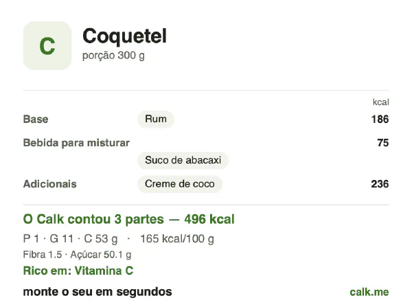 Cartão do Calk para a versão mais calórica de Coquetel: 161 kcal por 100 g, proteína/gordura/carboidratos 2/31/67