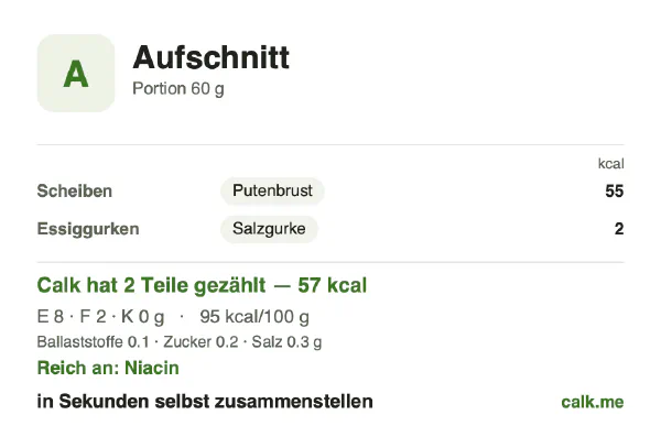 Calk-Karte für die kalorienärmere Variante von Aufschnitt: 95 kcal pro 100 g, Eiweiß/Fett/Kohlenhydrate 59/37/3