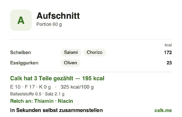 Calk-Karte für die kalorienreichere Variante von Aufschnitt: 325 kcal pro 100 g, Eiweiß/Fett/Kohlenhydrate 21/78/0
