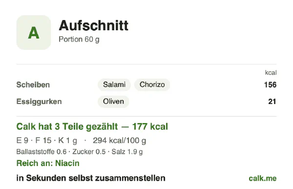 Calk-Karte für die kalorienreichere Variante von Aufschnitt: 294 kcal pro 100 g, Eiweiß/Fett/Kohlenhydrate 21/76/3