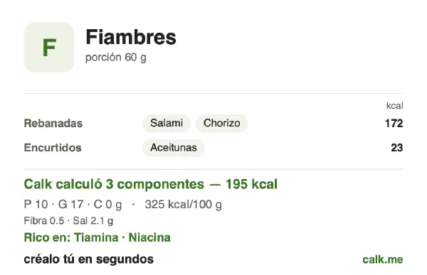 Tarjeta de Calk, versión más calórica de Fiambres: 325 kcal por 100 g, proteínas/grasas/carbohidratos 21/78/0