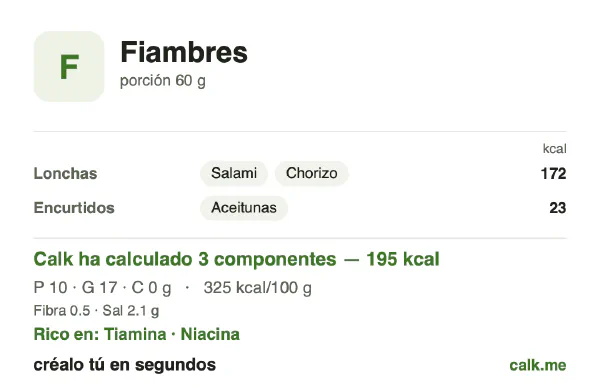 Ficha de Calk, versión más calórica de Fiambres: 325 kcal por 100 g, proteínas/grasas/hidratos 21/78/0