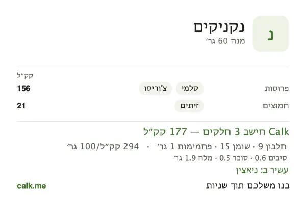 נקניקים ב־Calk, עם יותר קלוריות: 294 קק״ל ל־100 גרם, חלבון/שומן/פחמימות 21/76/3