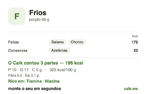 Cartão do Calk para a versão mais calórica de Frios: 325 kcal por 100 g, proteína/gordura/carboidratos 21/78/0