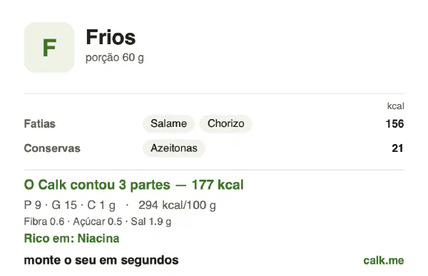 Cartão do Calk para a versão mais calórica de Frios: 294 kcal por 100 g, proteína/gordura/carboidratos 21/76/3