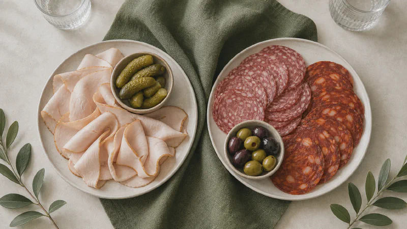 Cold cuts plate: lower- and higher-calorie Calk versions side by side