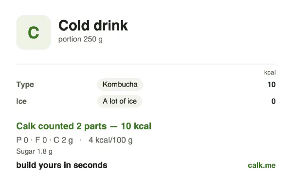 Lower calorie Calk card for Cold drink: 4 kcal per 100 g, protein/fat/carbs 15/0/85