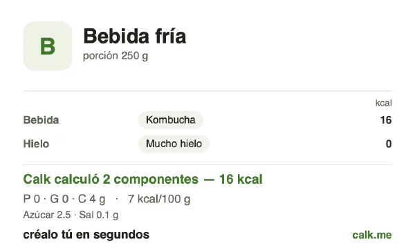Tarjeta de Calk, versión menos calórica de Bebidas frías: 7 kcal por 100 g, proteínas/grasas/carbohidratos 1/0/99