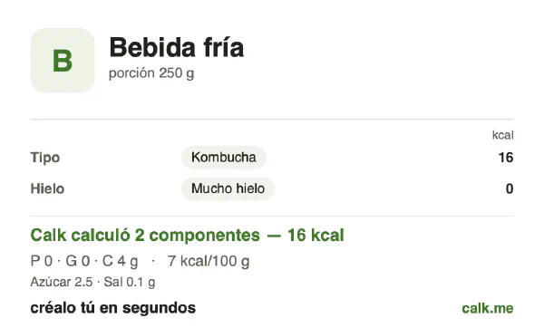 Tarjeta de Calk, versión menos calórica de Bebidas frías: 7 kcal por 100 g, proteínas/grasas/carbohidratos 1/0/99