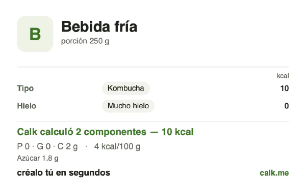 Tarjeta de Calk, versión menos calórica de Bebidas frías: 4 kcal por 100 g, proteínas/grasas/carbohidratos 15/0/85