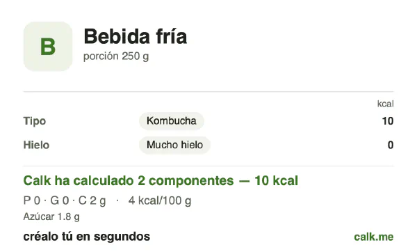 Ficha de Calk, versión menos calórica de Bebidas frías: 4 kcal por 100 g, proteínas/grasas/hidratos 15/0/85