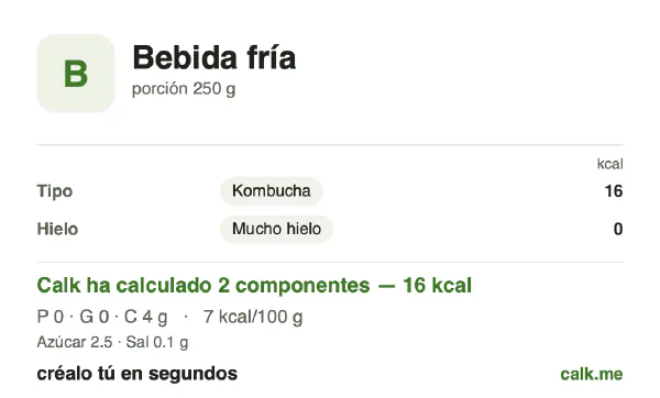 Ficha de Calk, versión menos calórica de Bebidas frías: 7 kcal por 100 g, proteínas/grasas/hidratos 1/0/99