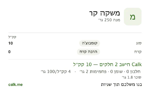 משקאות קרים ב־Calk, עם פחות קלוריות: 4 קק״ל ל־100 גרם, חלבון/שומן/פחמימות 15/0/85