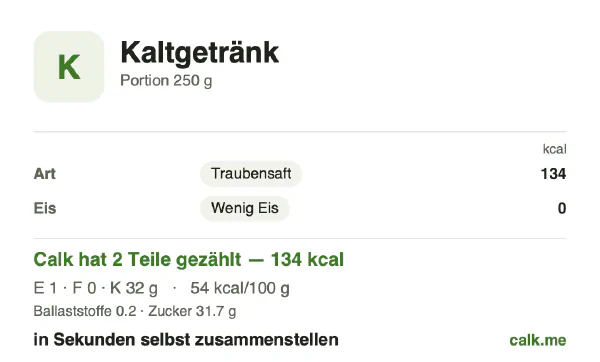 Calk-Karte für die kalorienreichere Variante von Kaltgetränk: 54 kcal pro 100 g, Eiweiß/Fett/Kohlenhydrate 2/1/97
