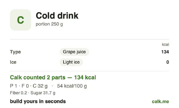 Higher calorie Calk card for Cold drink: 54 kcal per 100 g, protein/fat/carbs 2/1/97