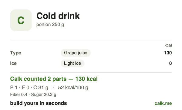 Higher calorie Calk card for Cold drink: 52 kcal per 100 g, protein/fat/carbs 2/2/96