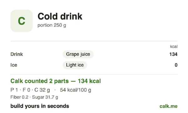 Higher calorie Calk card for Cold drink: 54 kcal per 100 g, protein/fat/carbs 2/1/97