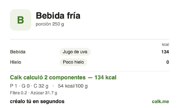 Tarjeta de Calk, versión más calórica de Bebidas frías: 54 kcal por 100 g, proteínas/grasas/carbohidratos 2/1/97