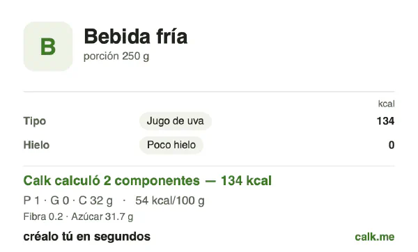 Tarjeta de Calk, versión más calórica de Bebidas frías: 54 kcal por 100 g, proteínas/grasas/carbohidratos 2/1/97